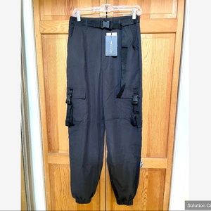 PrettyLittleThing Black Buckle Detail Belted Cargo Pants, Size 10 (runs small)